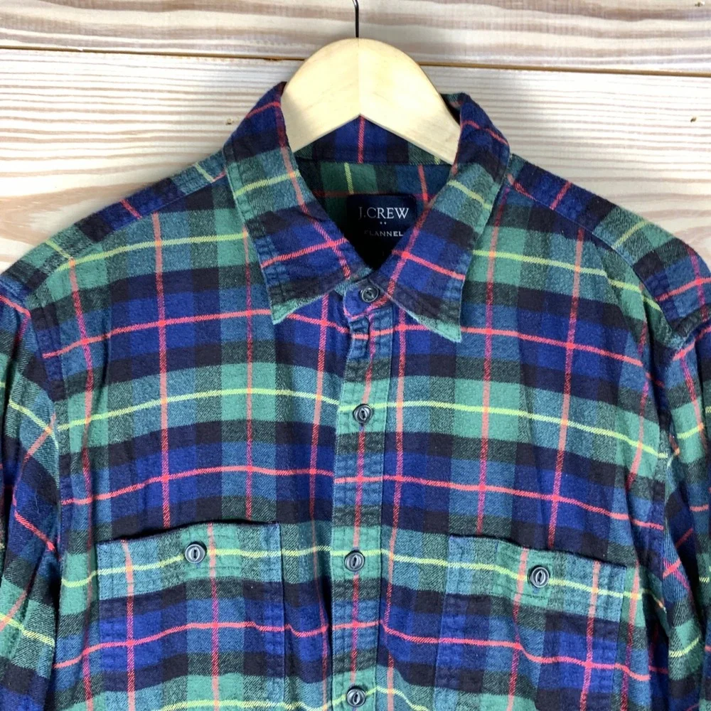 J. Crew Flannel Shirt Mens Large Green Plaid  Long Sleeve Cotton Button Up